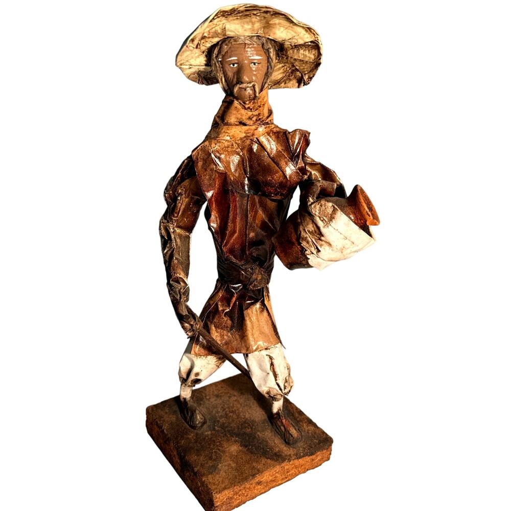 Vintage Mexican Paper Mache Folk‎ Art Figure Man Wood Base 13" Tall